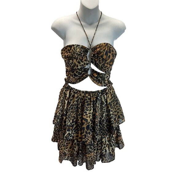 Revolve LPA cut out Cheetah print Ruffled sleeveless Sexy mini dress halter MED - Picture 1 of 11